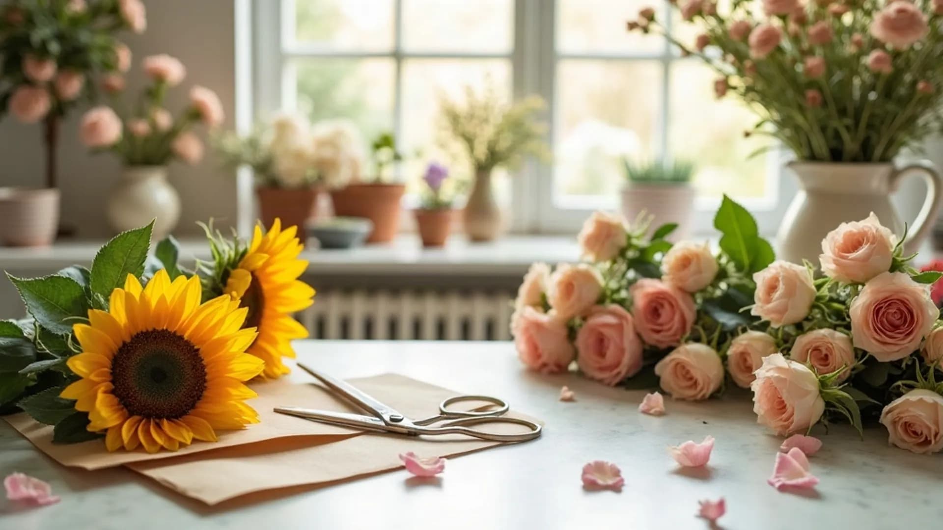 Mesa de trabajo con girasoles, rosas y papel kraft