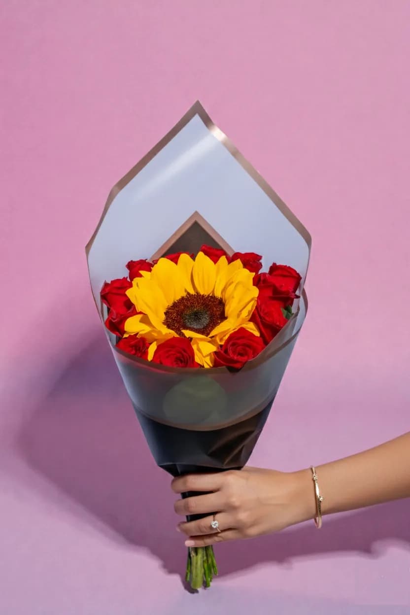 Ramo de 12 Rosas Rojas y 1 Girasol